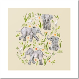 Baby Elephants and Egrets in Watercolor - neutral cream Posters and Art